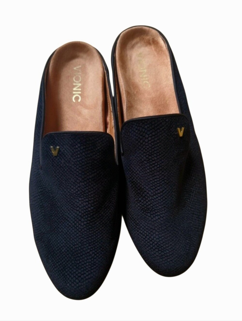 VIONIC Black Carnegie Holiday Snake Textured Velvet Slip-On Loafer Mules Sz 7.5